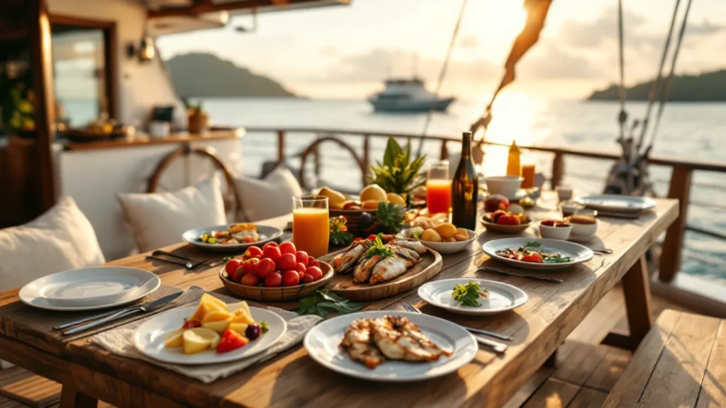 Outdoor dining table on the teak deck of a liveaboard with grilled fish and fresh fruit, sea in the background