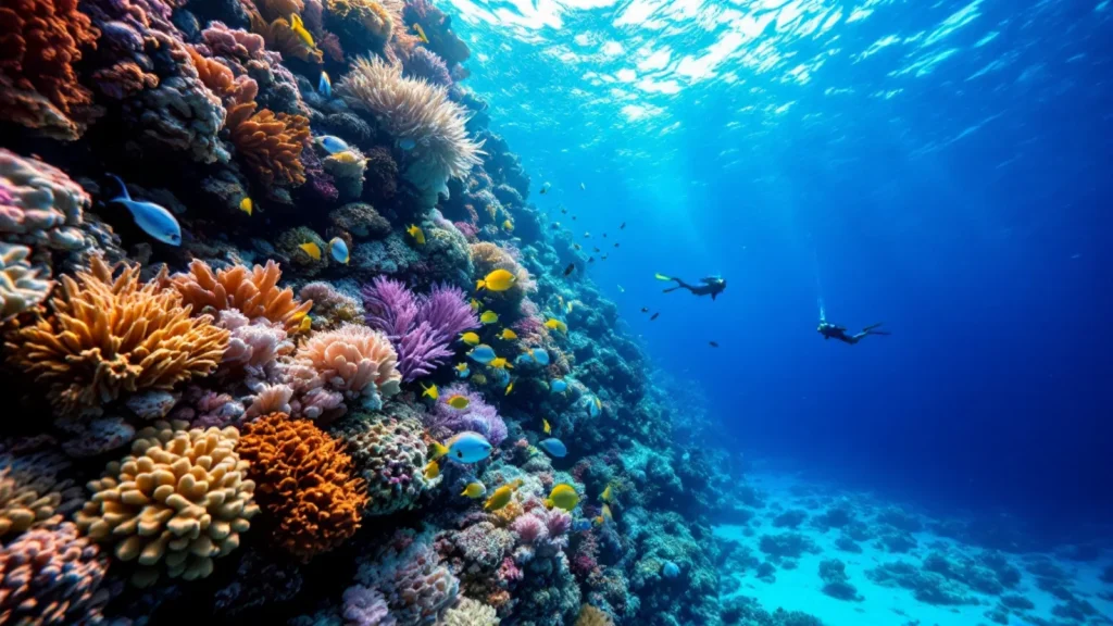Vibrant coral reef wall with soft corals and schooling fish in clear blue water with a diver in the distance