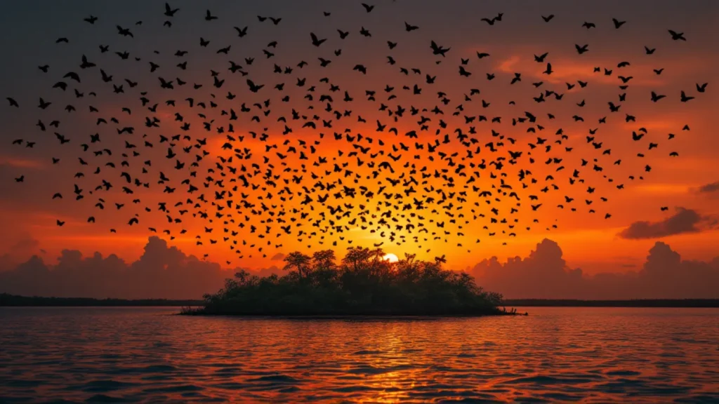 Thousands of large fruit bats flying against an orange dusk sky above a low mangrove island near Labuan Bajo