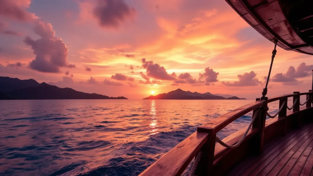 Orange and violet sunset over calm sea and island ridges photographed from the teak deck of a boat in Komodo