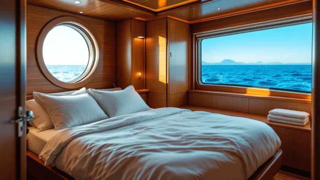 Liveaboard boat cabin with teak panelling, king bed in white linen and a window looking out to blue sea