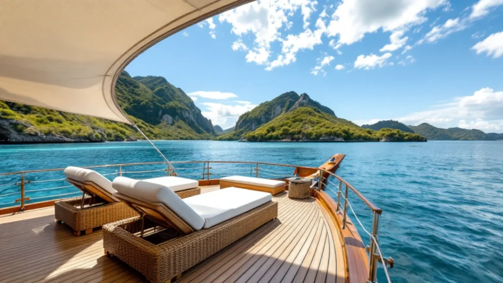 Teak sun deck of an Indonesian liveaboard with white cushioned daybeds and tropical islands behind