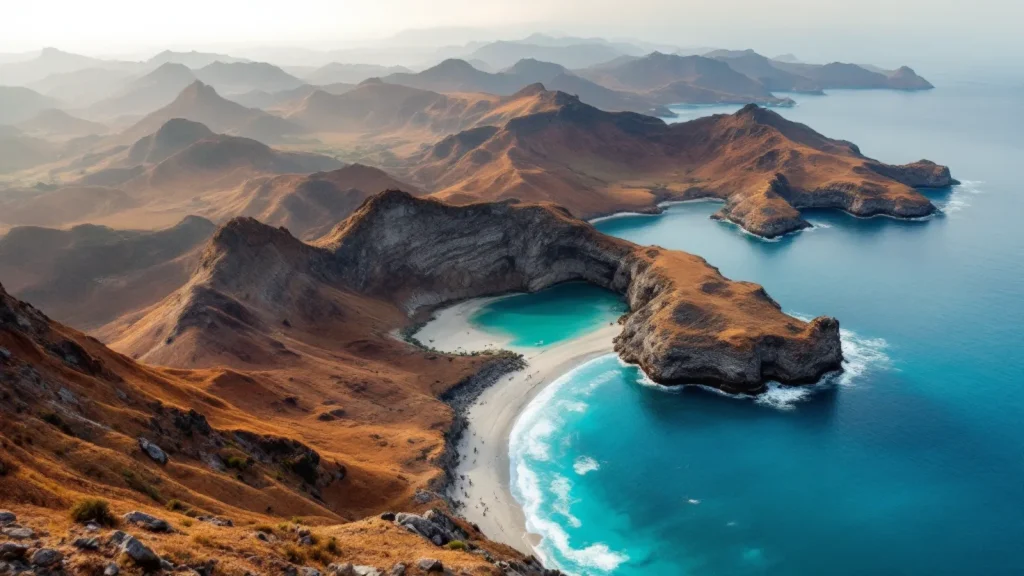 Panoramic view over three curved bays and dry savannah ridges from the Padar Island viewpoint at sunrise