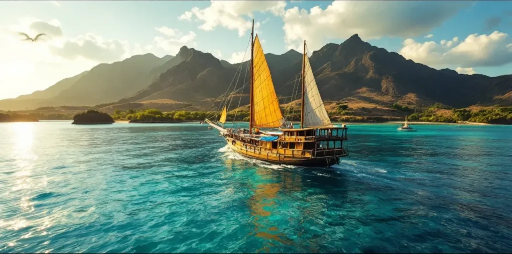 Wooden Indonesian phinisi liveaboard anchored in a turquoise bay in Komodo National Park at golden hour