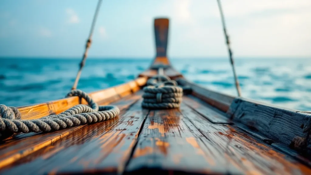 Close view of the bow, coiled mooring rope and weathered teak foredeck of a traditional Indonesian phinisi
