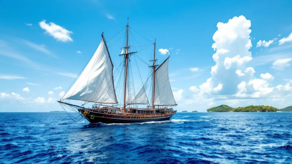 Two-masted Indonesian wooden phinisi sailing under canvas on the open Flores Sea near Labuan Bajo
