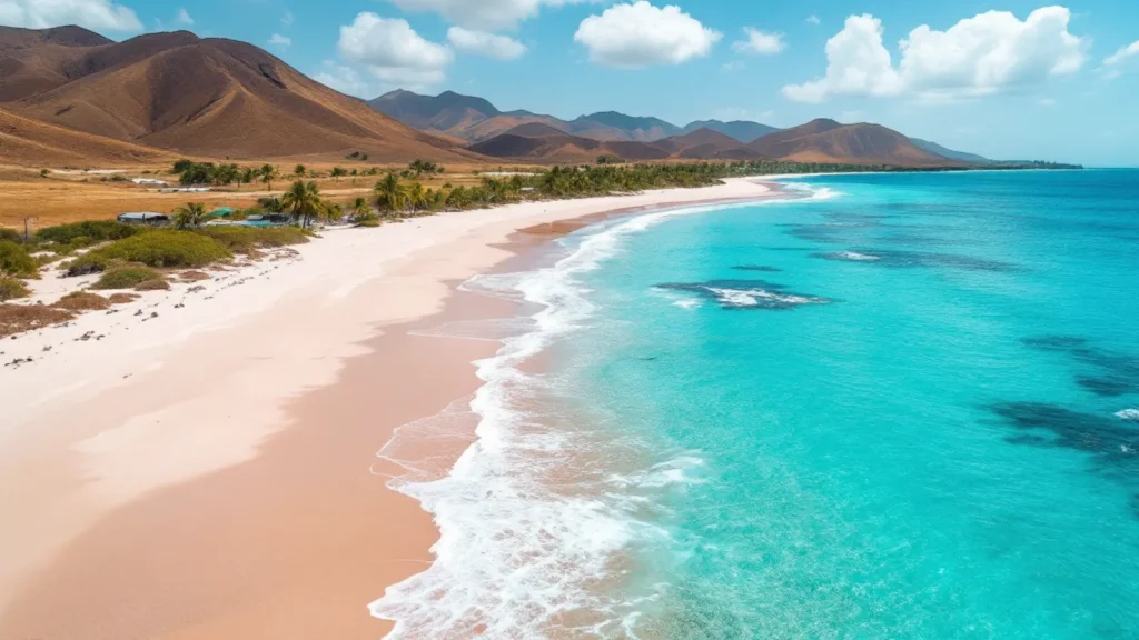 Curved beach with pale pink sand meeting turquoise shallow water and dry hills, Pink Beach Komodo