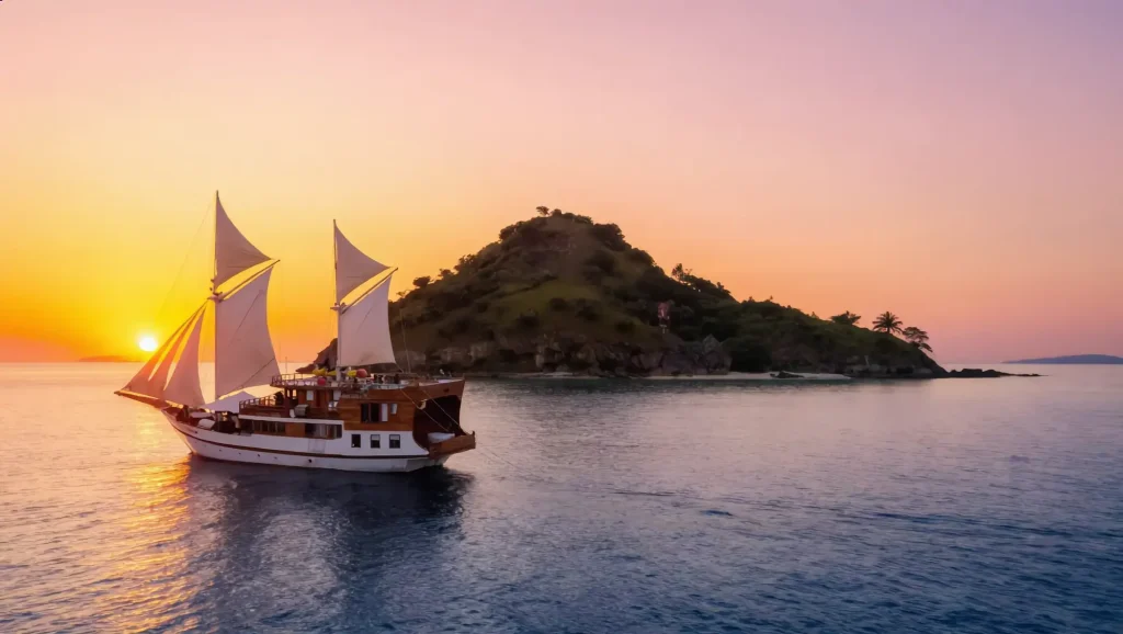 Traditional phinisi sailing the Lesser Sunda island chain towards Flores