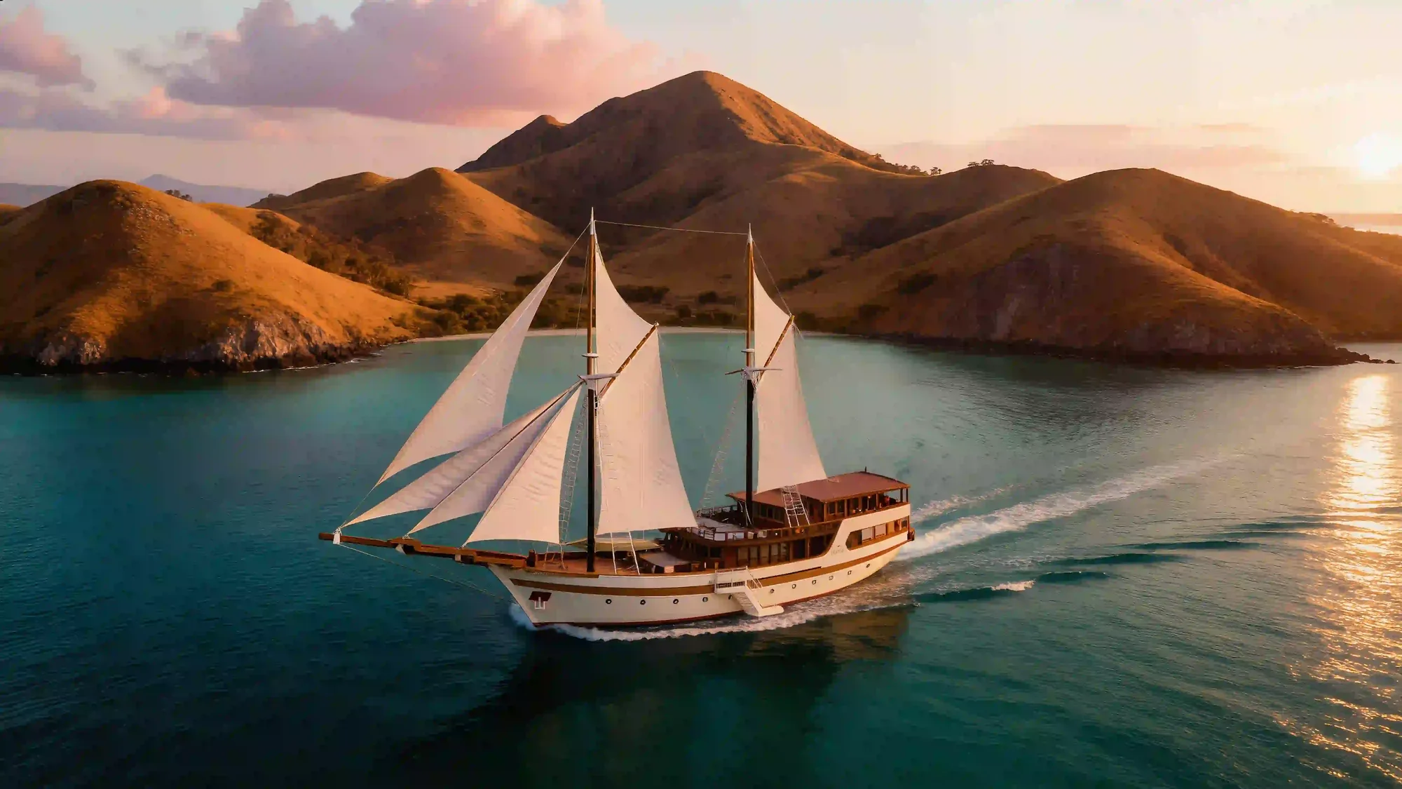 Traditional wooden phinisi sailing between the islands of Komodo National Park